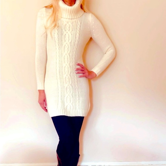 🎁NWT! EDDIE BAUER Classic Cable Knit Fisherman Turtleneck Tunic Ivory Sz Small - Picture 6 of 8